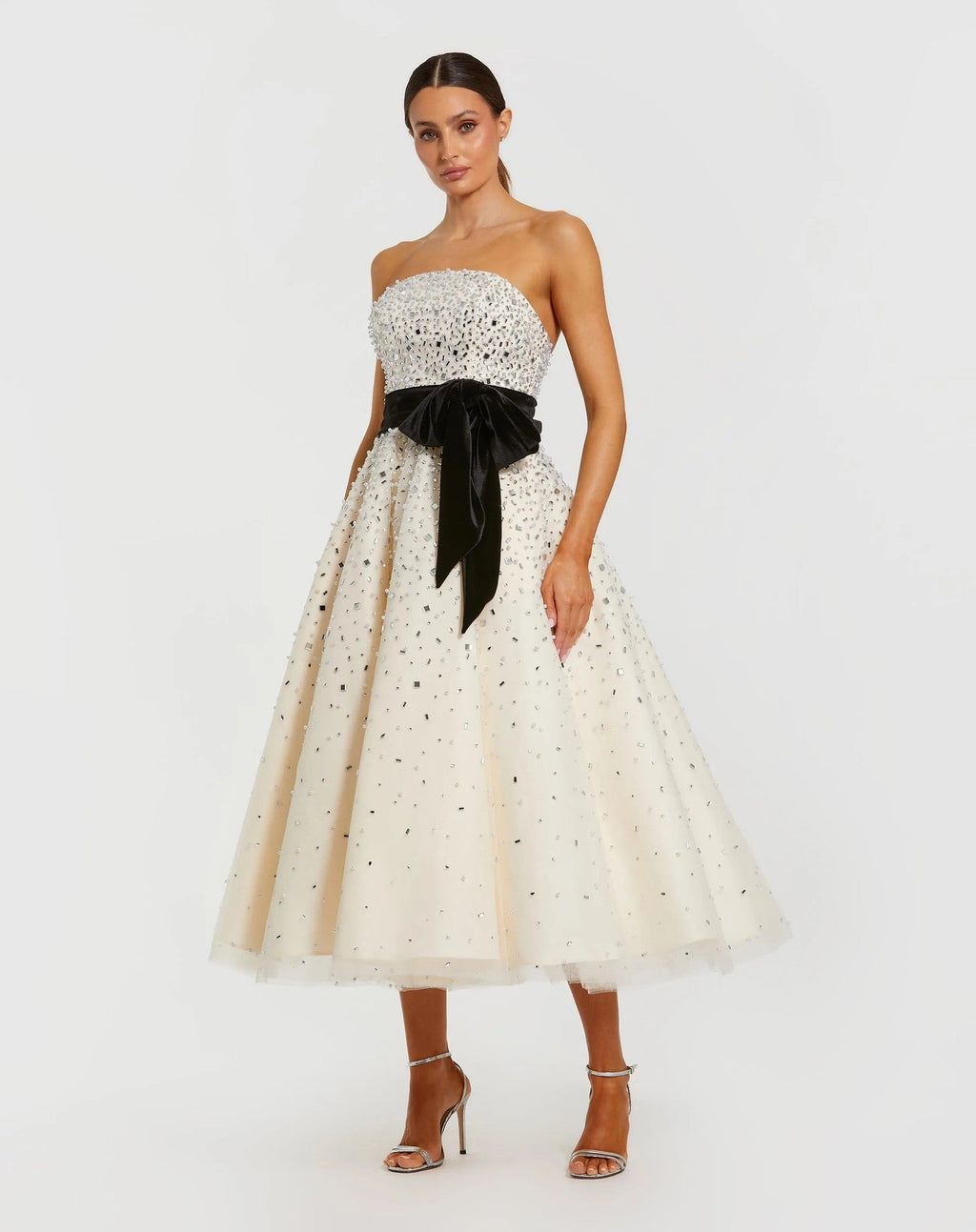 Black Cream Strapless Midi Dress with Velvet Bow