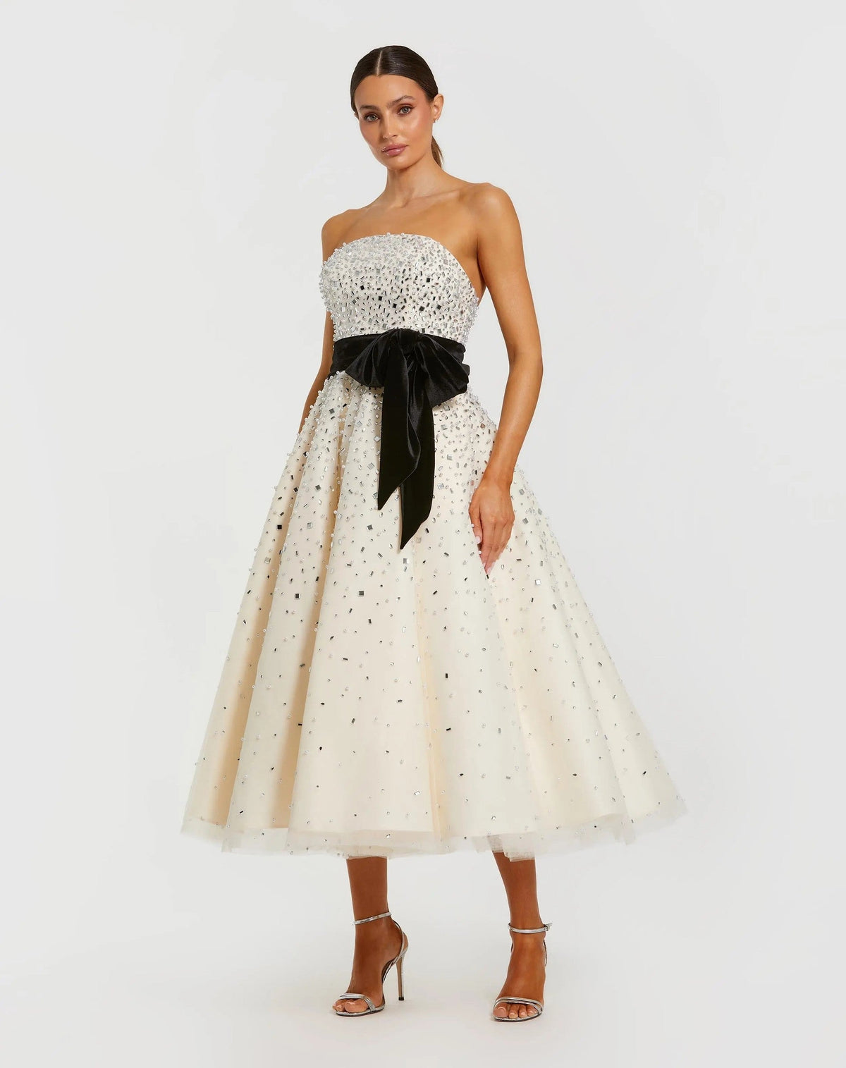 Black Cream Strapless Midi Dress with Velvet Bow