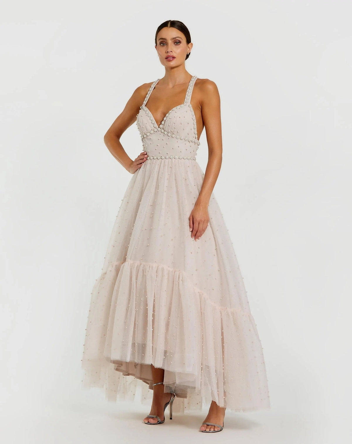 Porcelain Pearl Beaded High Low Gown