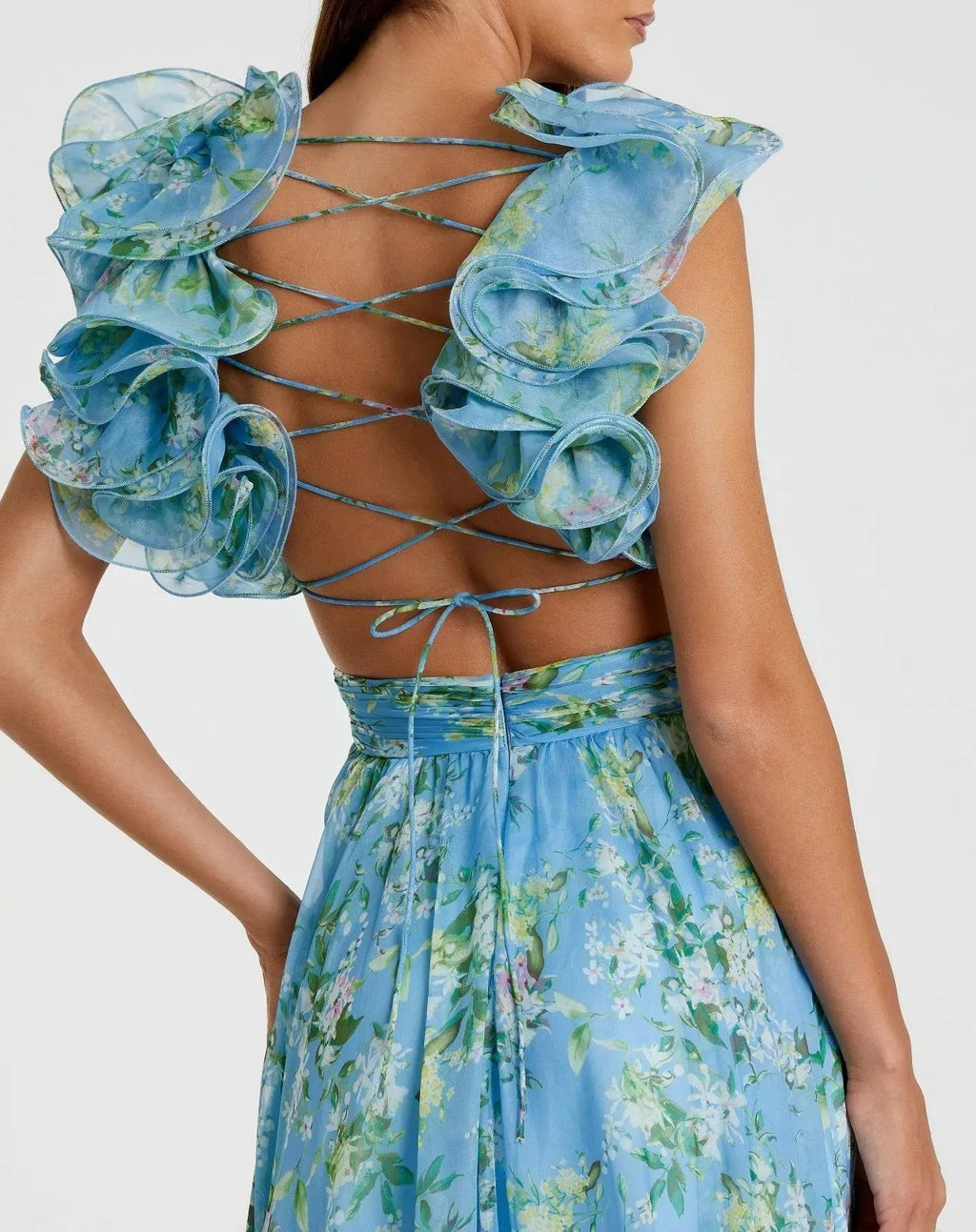 Blue Ruffle Tiered Floral Cut-Out Chiffon Gown