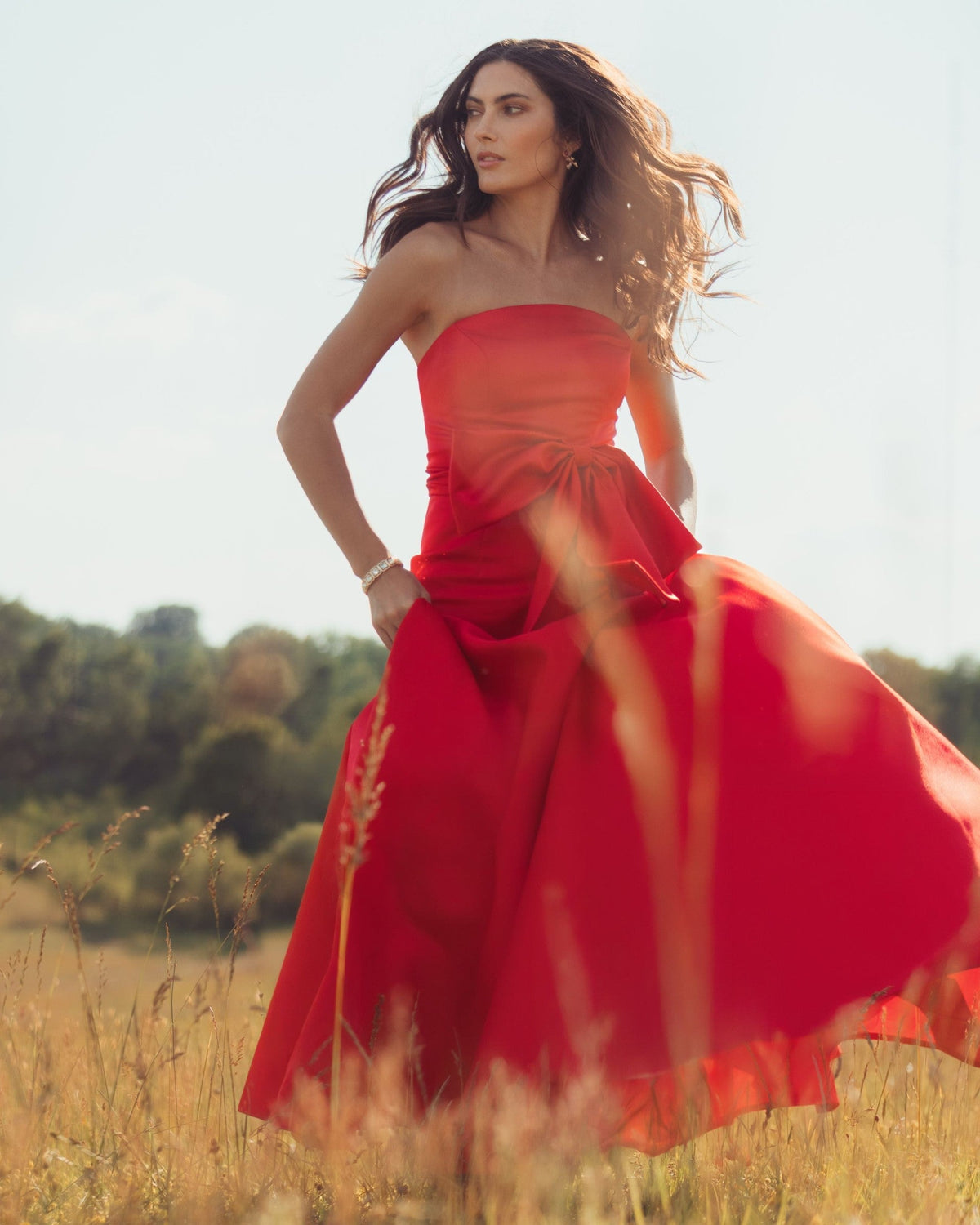 Red Strapless Satin Mermaid Gown with Oversize Bow