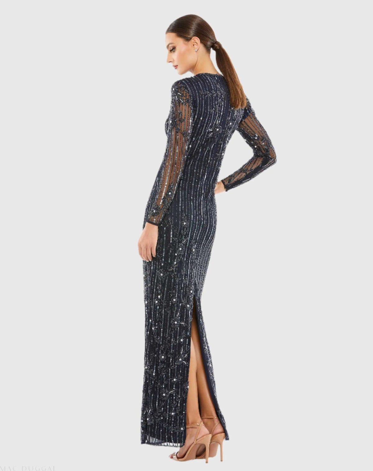 Navy Embellished High Neck Illusion Long Sleeve Gown