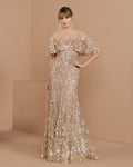 Almond Embellished Cape Sleeve Evening Gown
