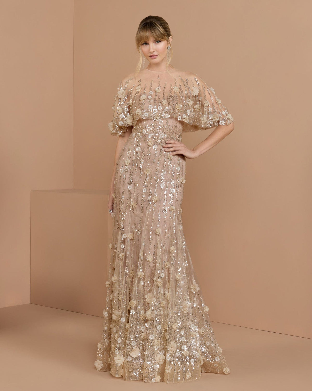 Almond Embellished Cape Sleeve Evening Gown