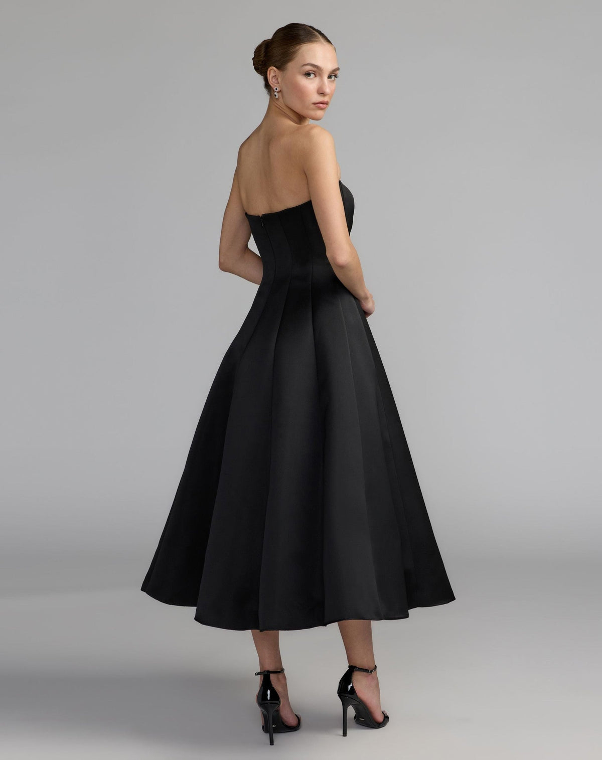 Black Strapless Satin A-Line Midi Dress With Bow