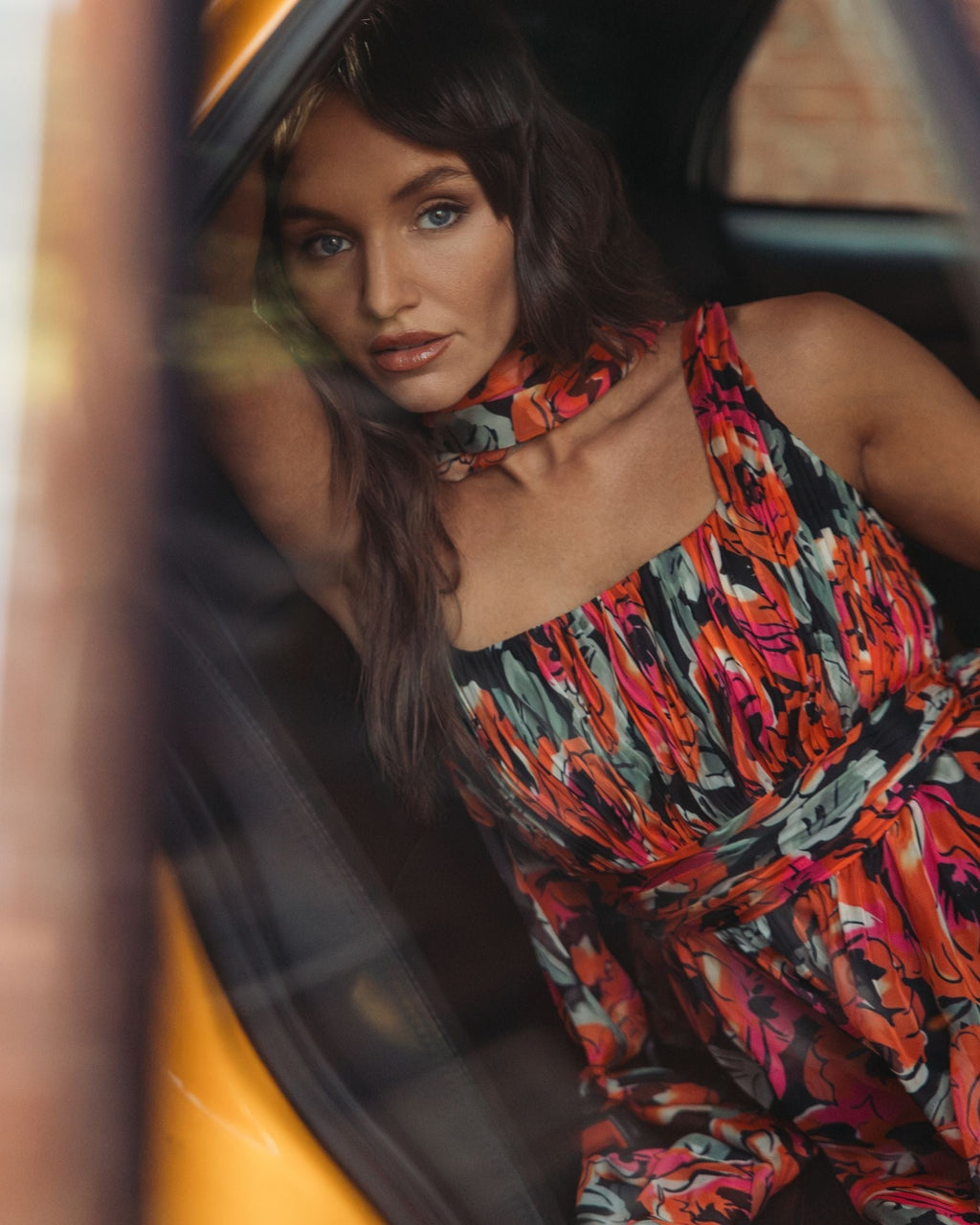 Rose Floral Chiffon Gown With Scarf
