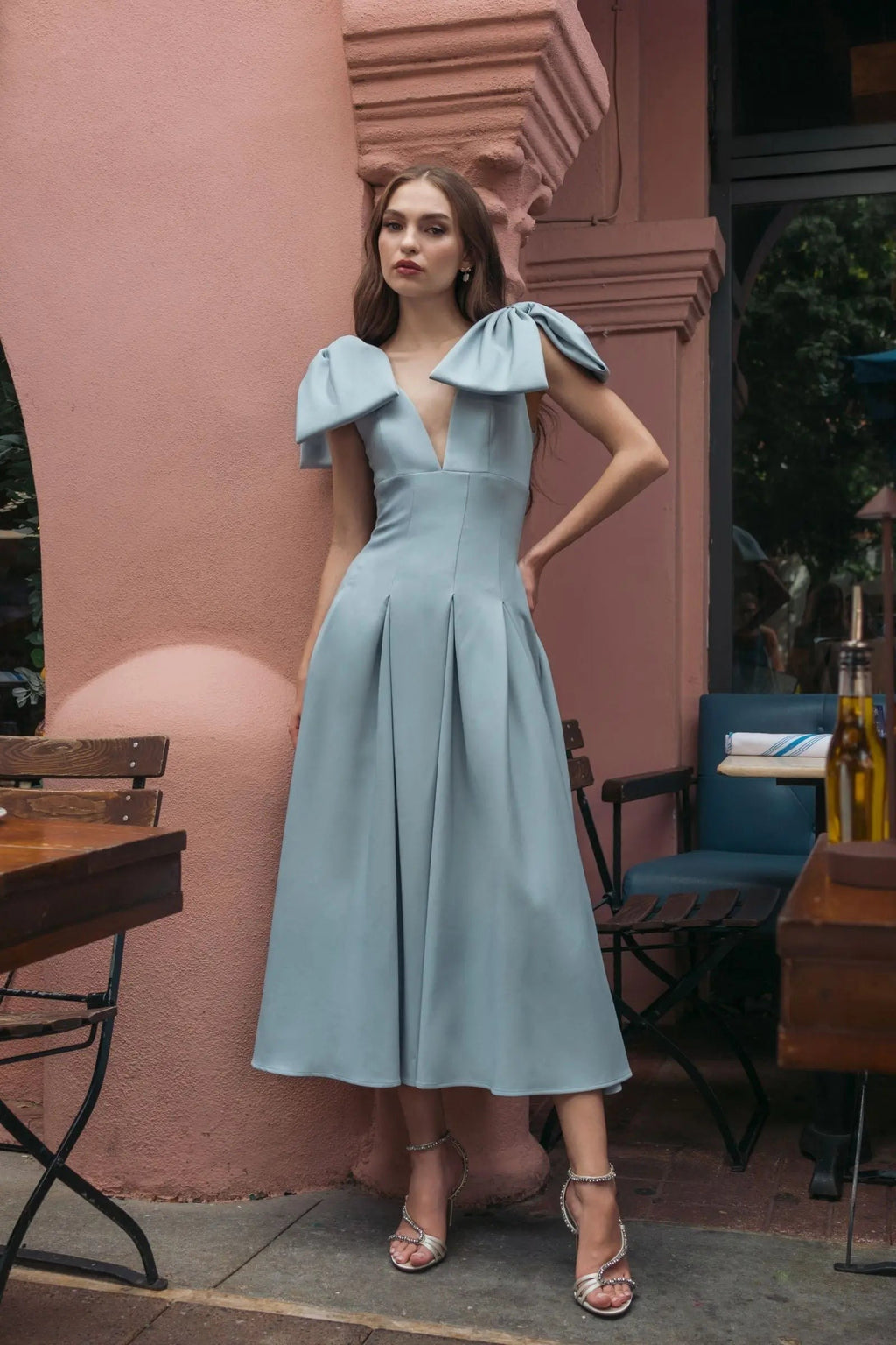 Ice Blue Crepe A Line Midi Dress With Bow Straps