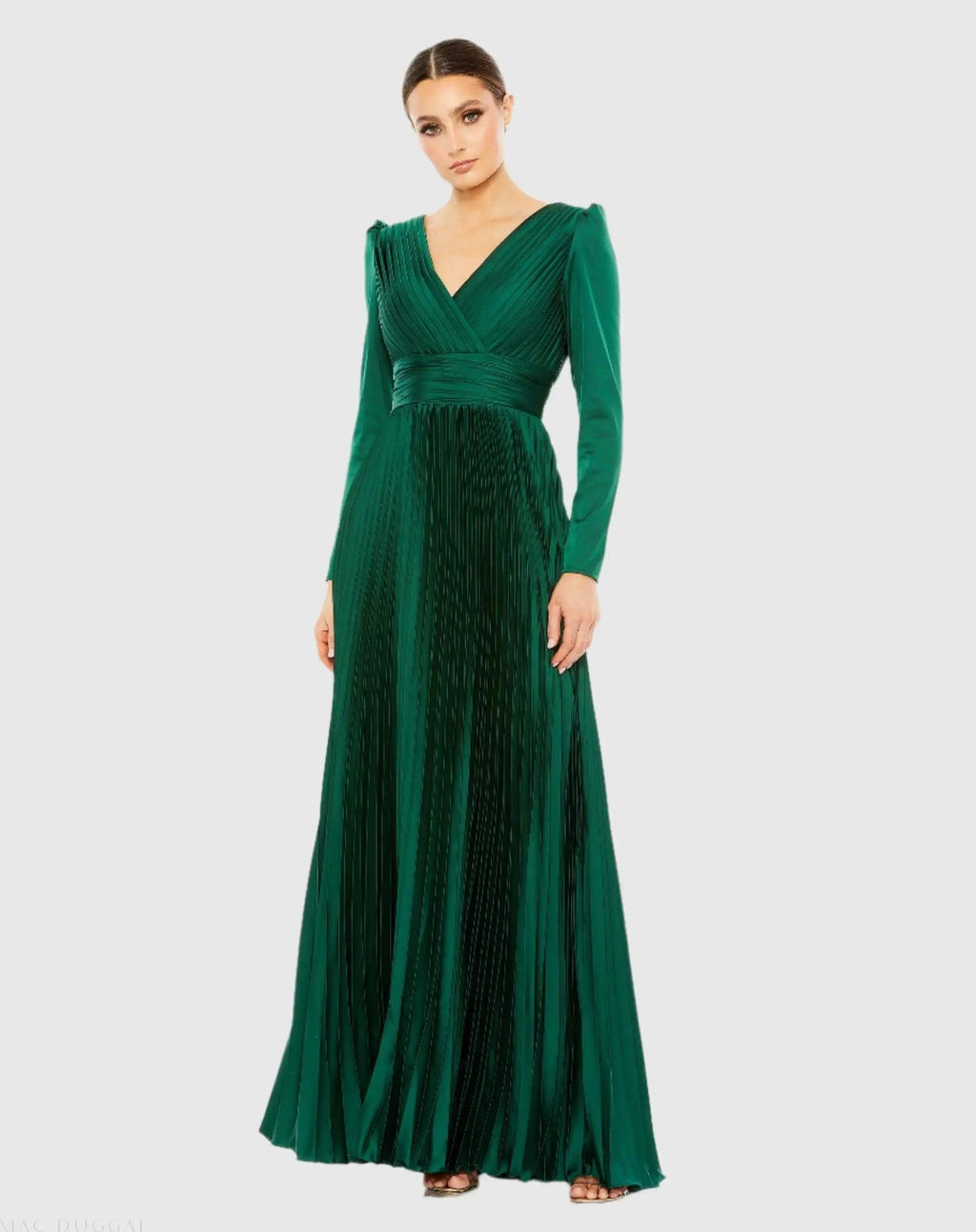 Emerald Pleated Long Sleeve V-Neck Gown