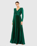 Emerald Pleated Long Sleeve V-Neck Gown