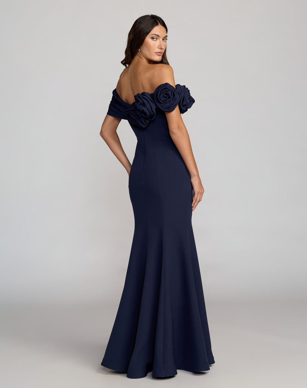 Navy Off The Shoulder Crepe Mermaid Gown