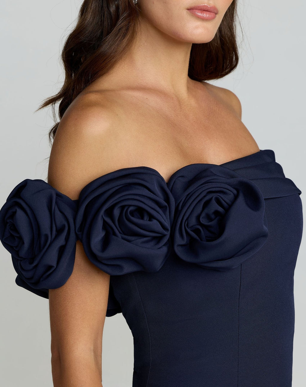 Navy Off The Shoulder Crepe Mermaid Gown