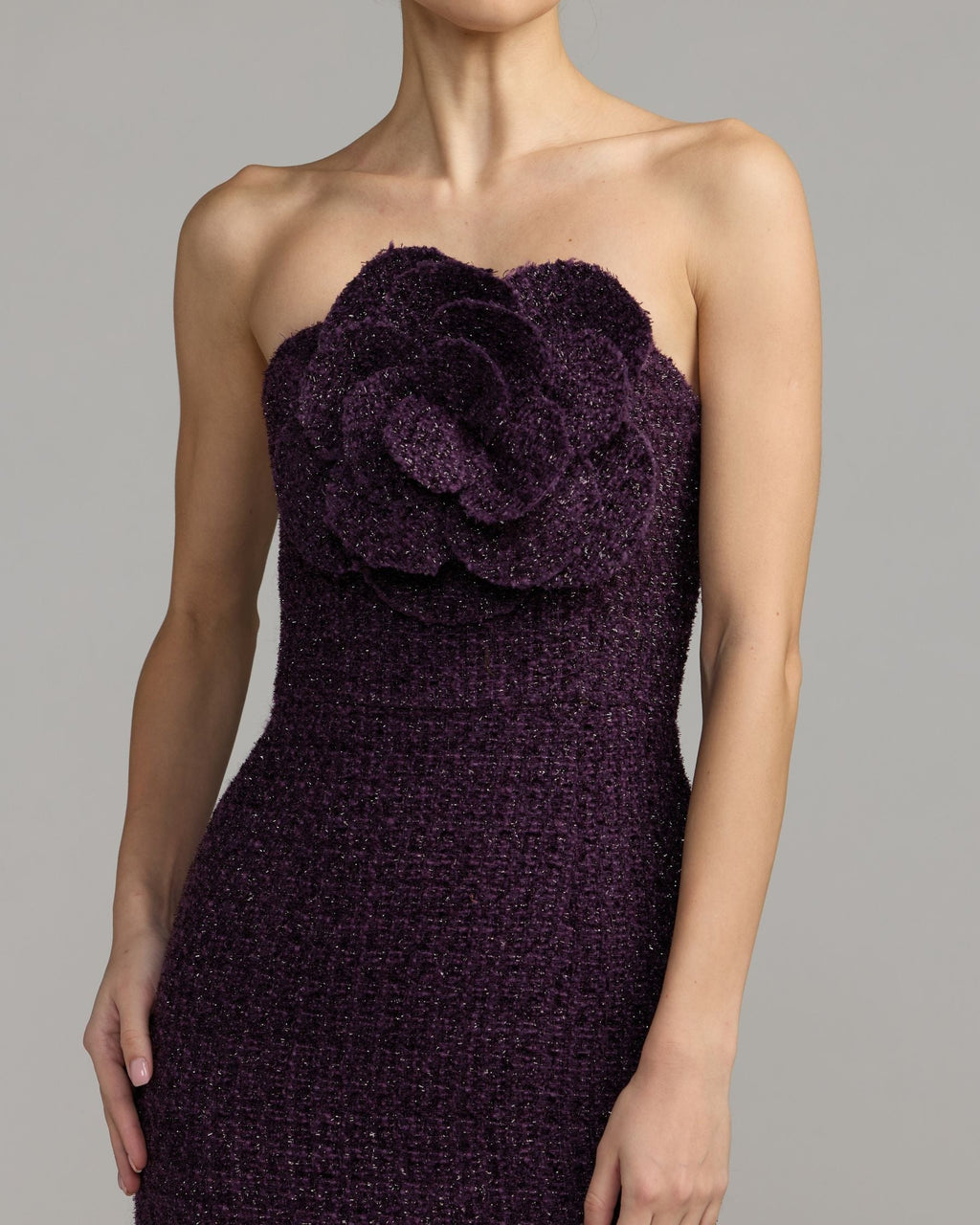 Aubergine Boucle Strapless Midi Dress With 3D Flower