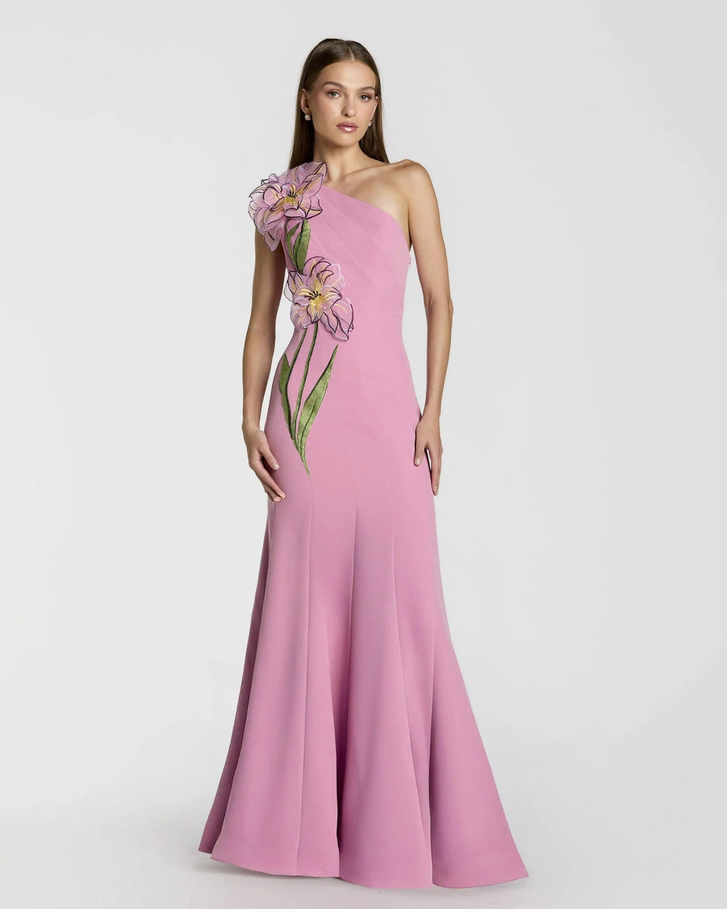 Orchid One Shoulder Floral Appliqué Gown