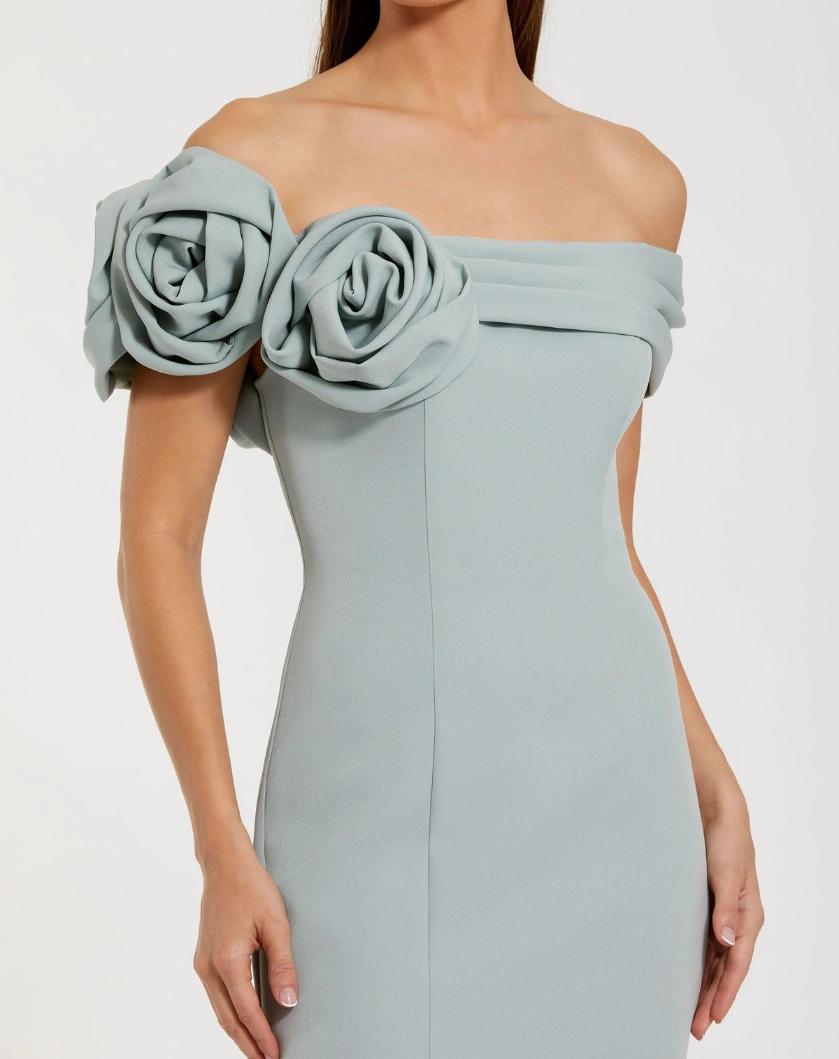 Sage Off The Shoulder Crepe Mermaid Gown
