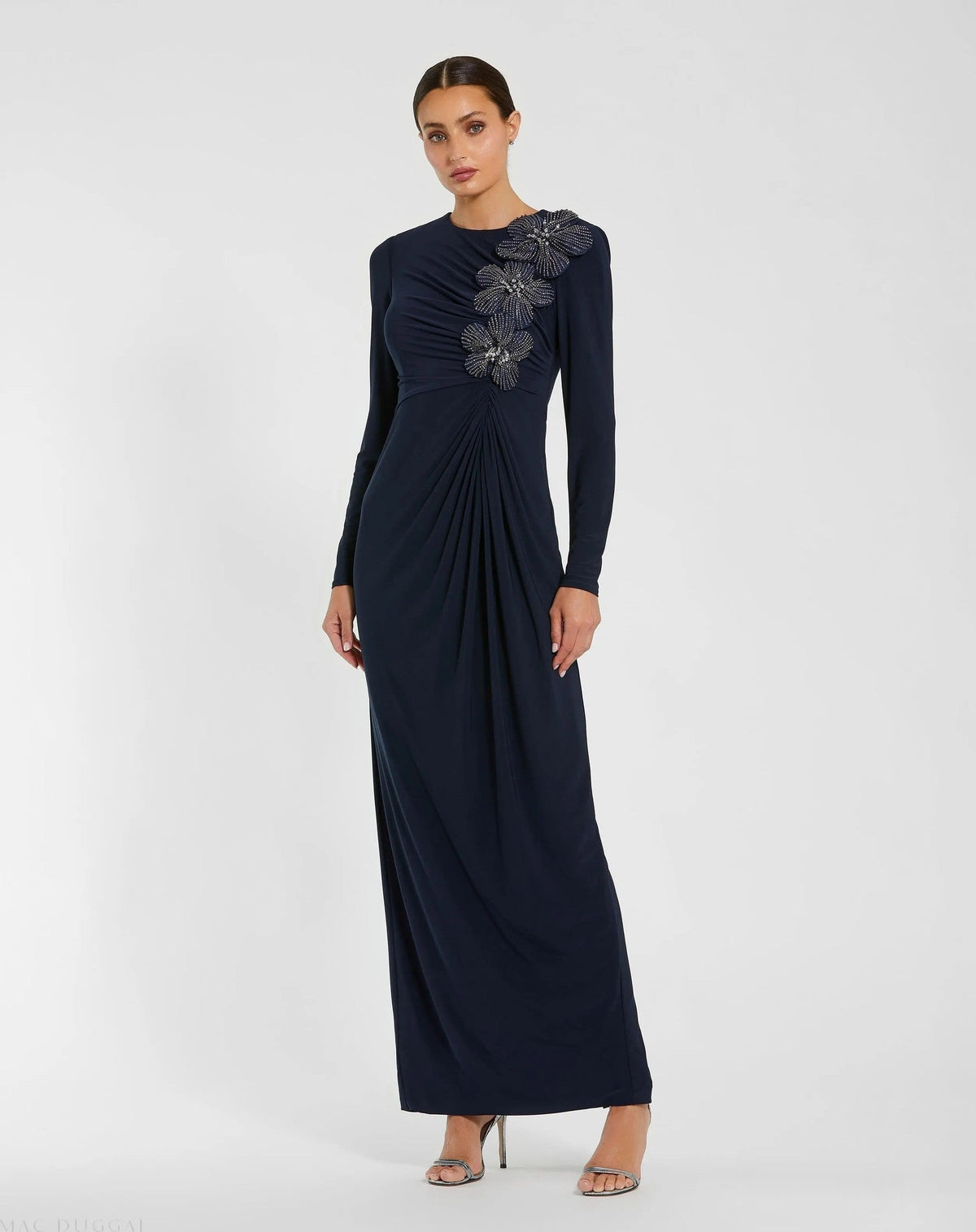 Navy Jersey Long Sleeve Fitted Gown With 3D Flowers
