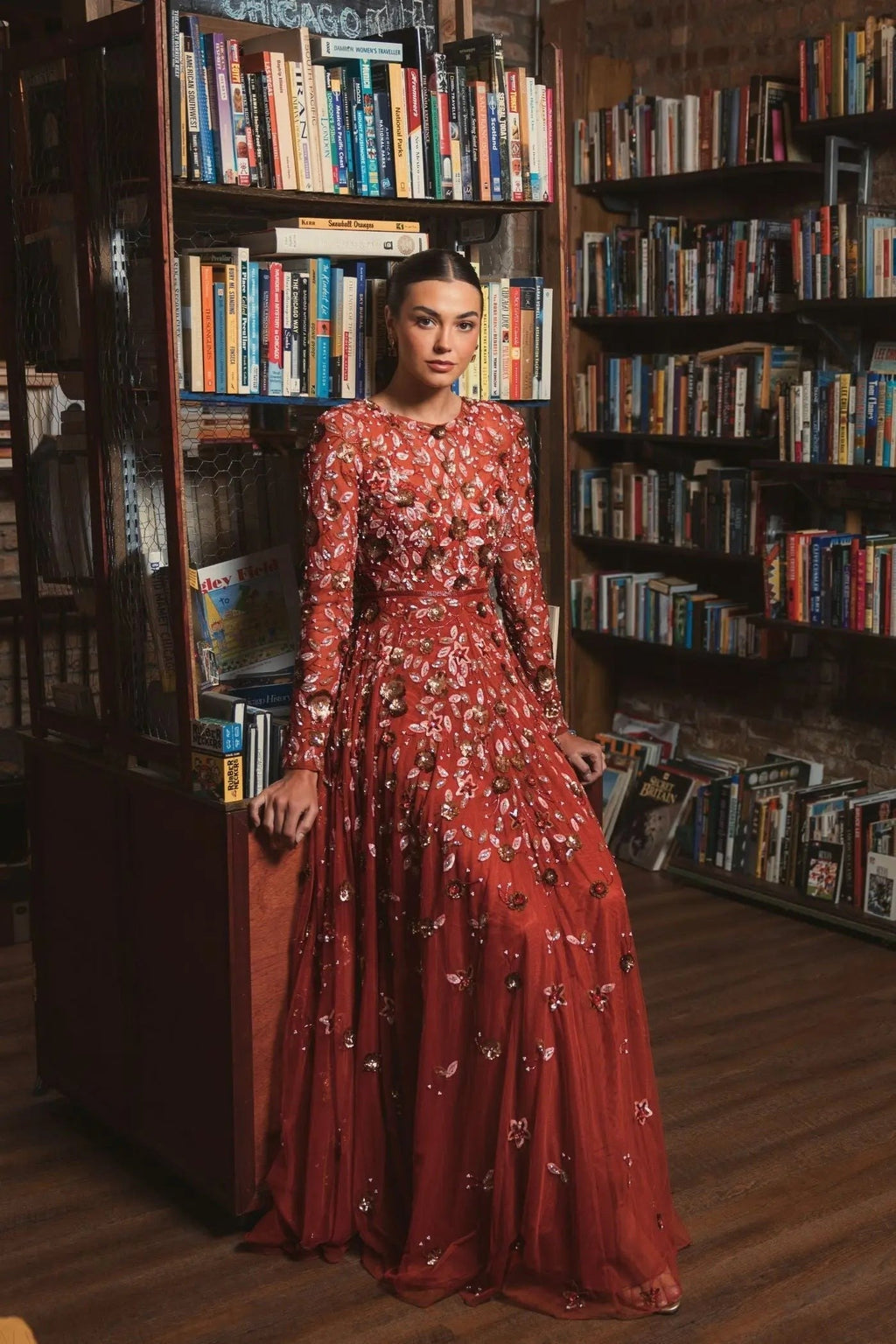 Cinnamon Embellished High Neck Long Sleeve A Line Gown