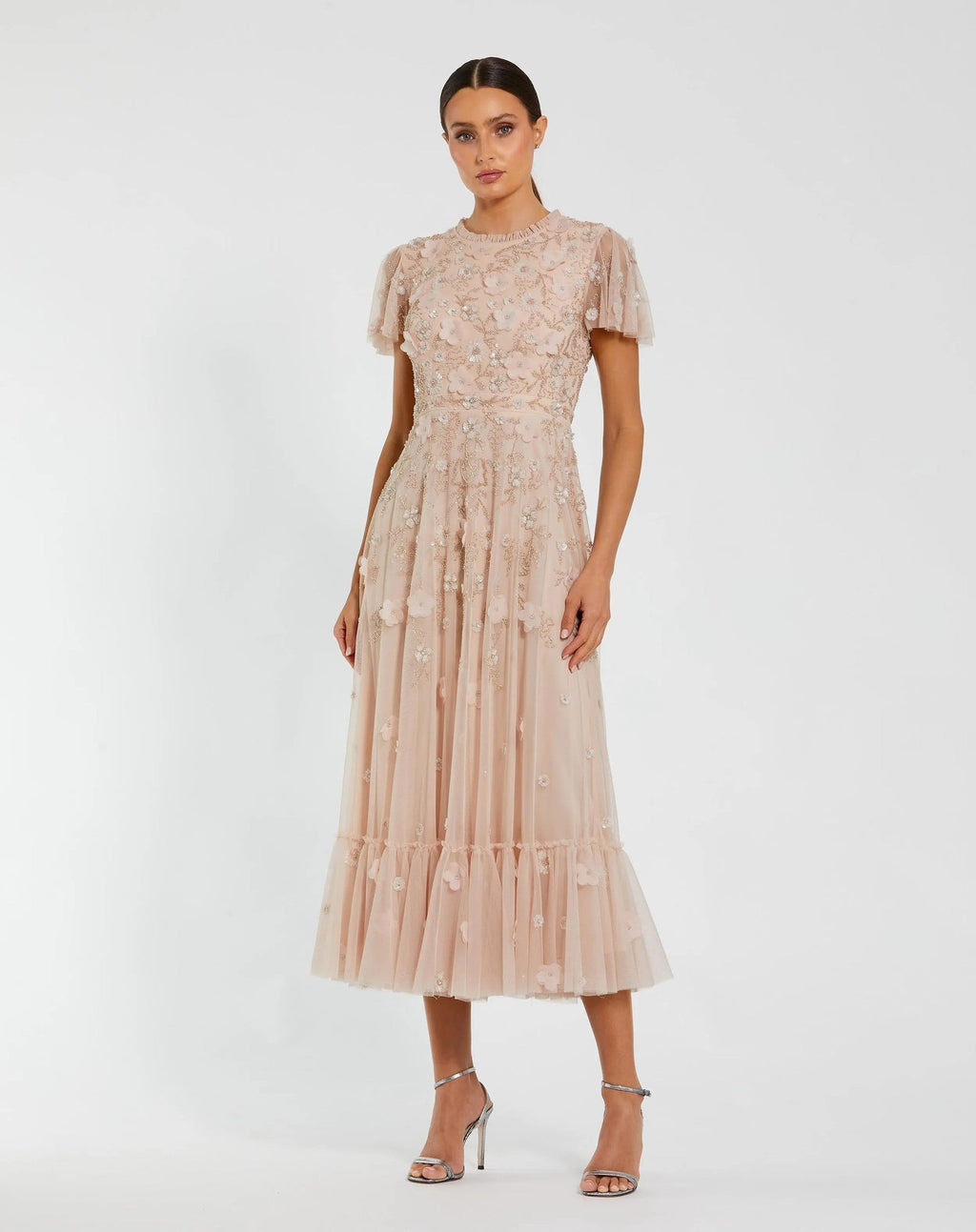 Blush Embellished High Neck Flutter Sleeve A Line Dress