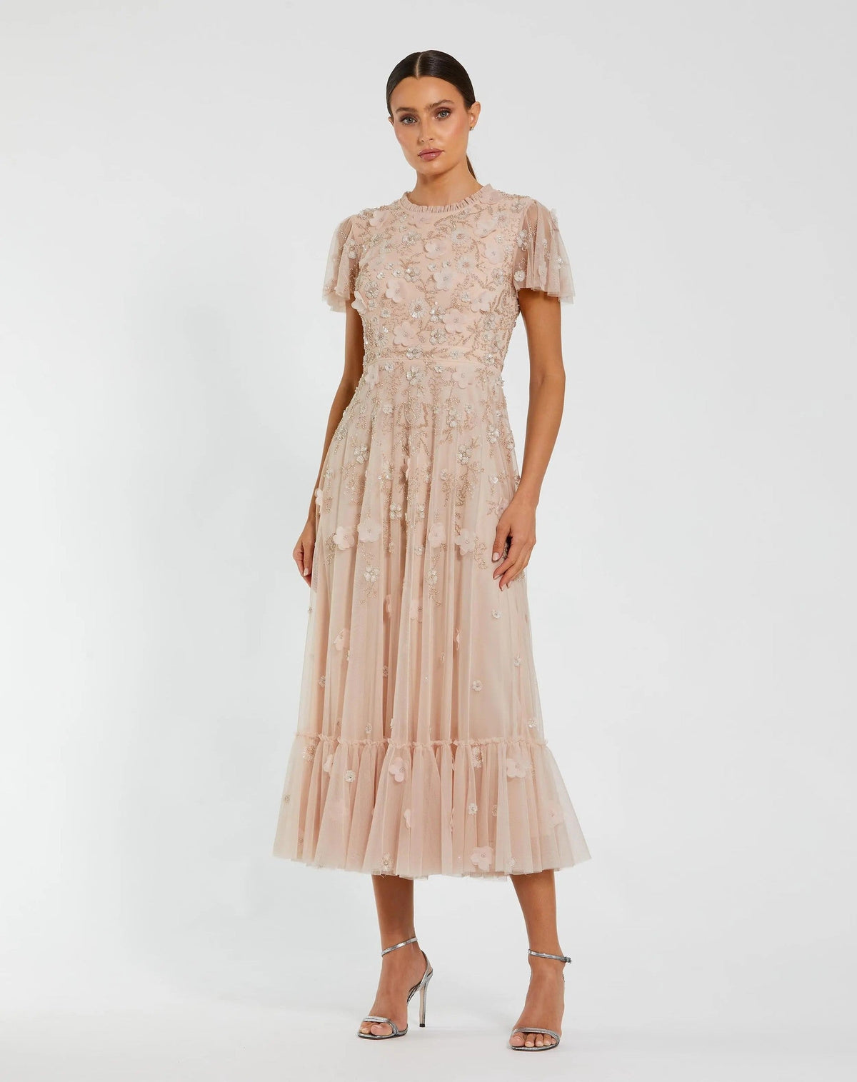 Blush Embellished High Neck Flutter Sleeve A Line Dress