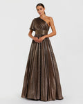Bronze One Shoulder Pleated Metallic Ball Gown