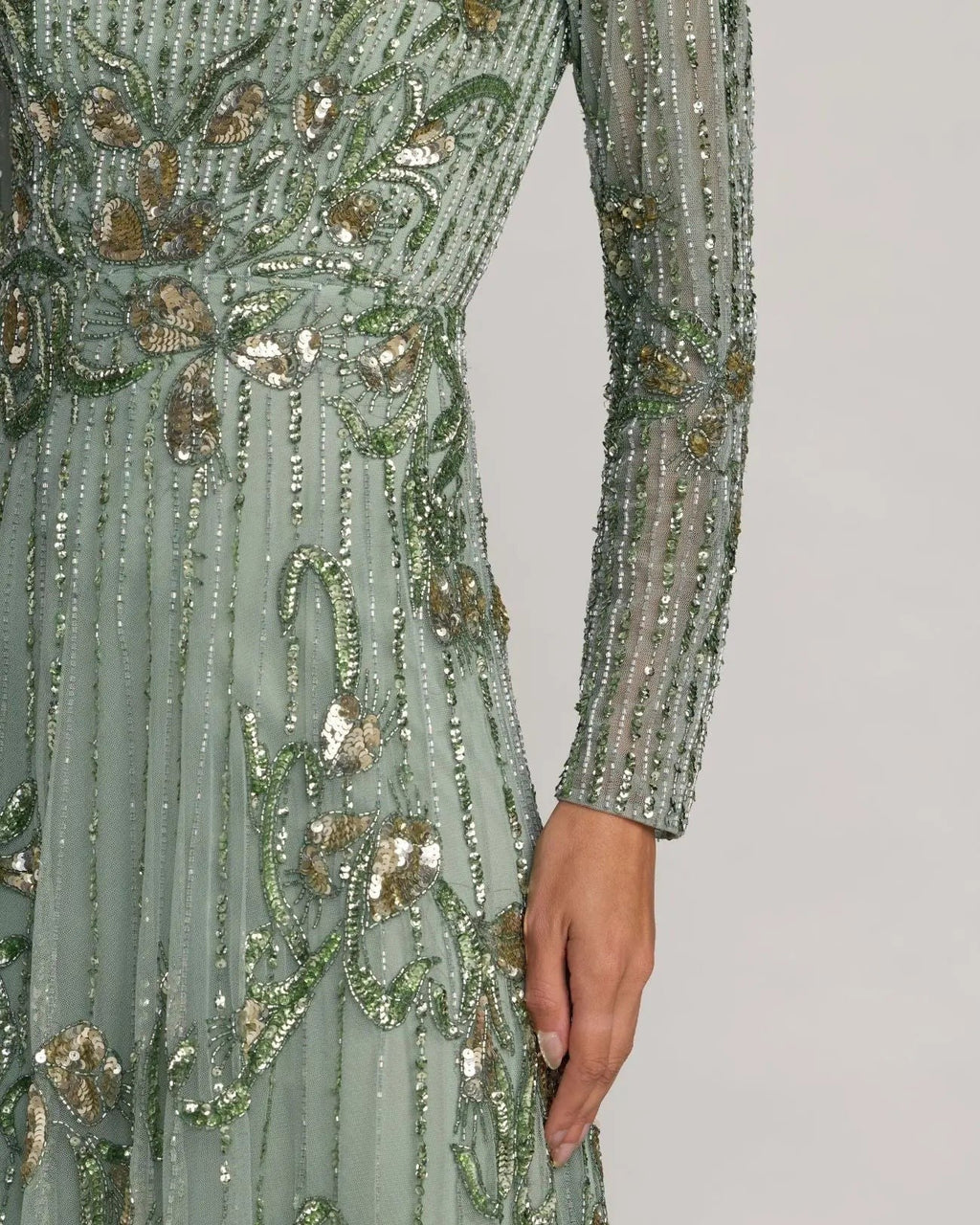 Sage Beaded Long Sleeve A Line Gown