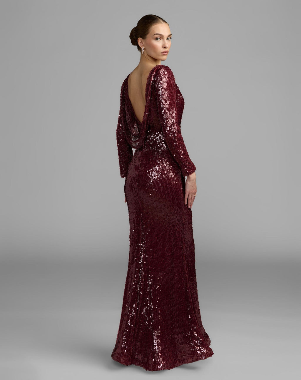 Petite Ruby Long Sleeve Cowl Back Sequin Gown