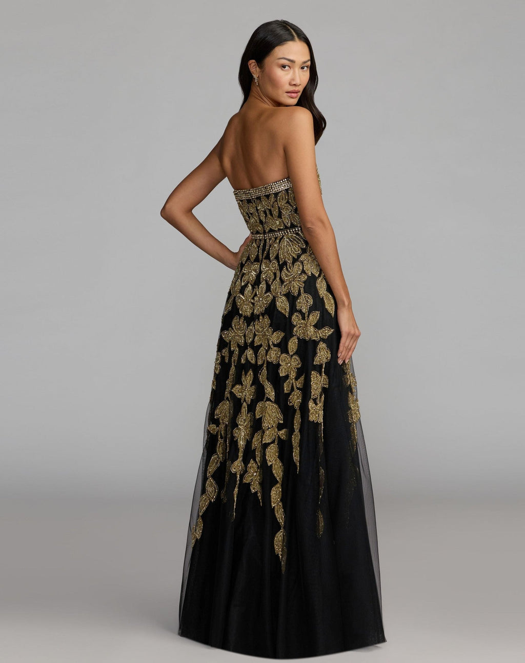 Black Gold Floral Embellished Strapless A-Line Gown