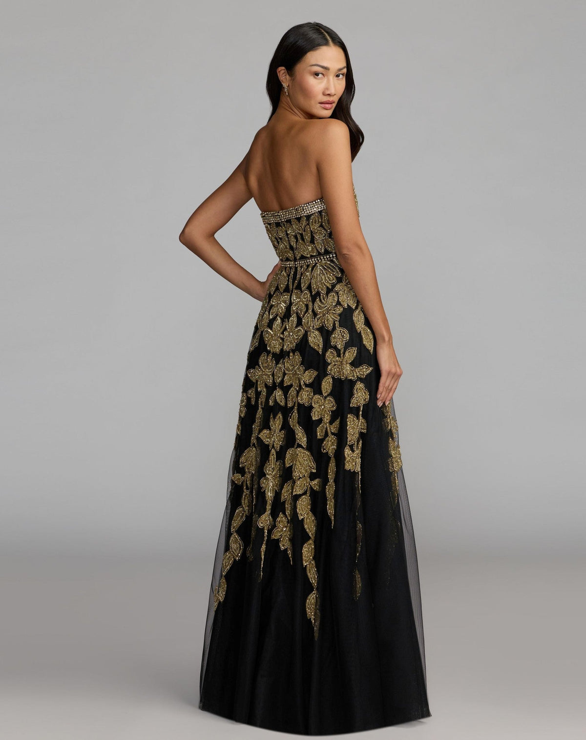 Black Gold Floral Embellished Strapless A-Line Gown