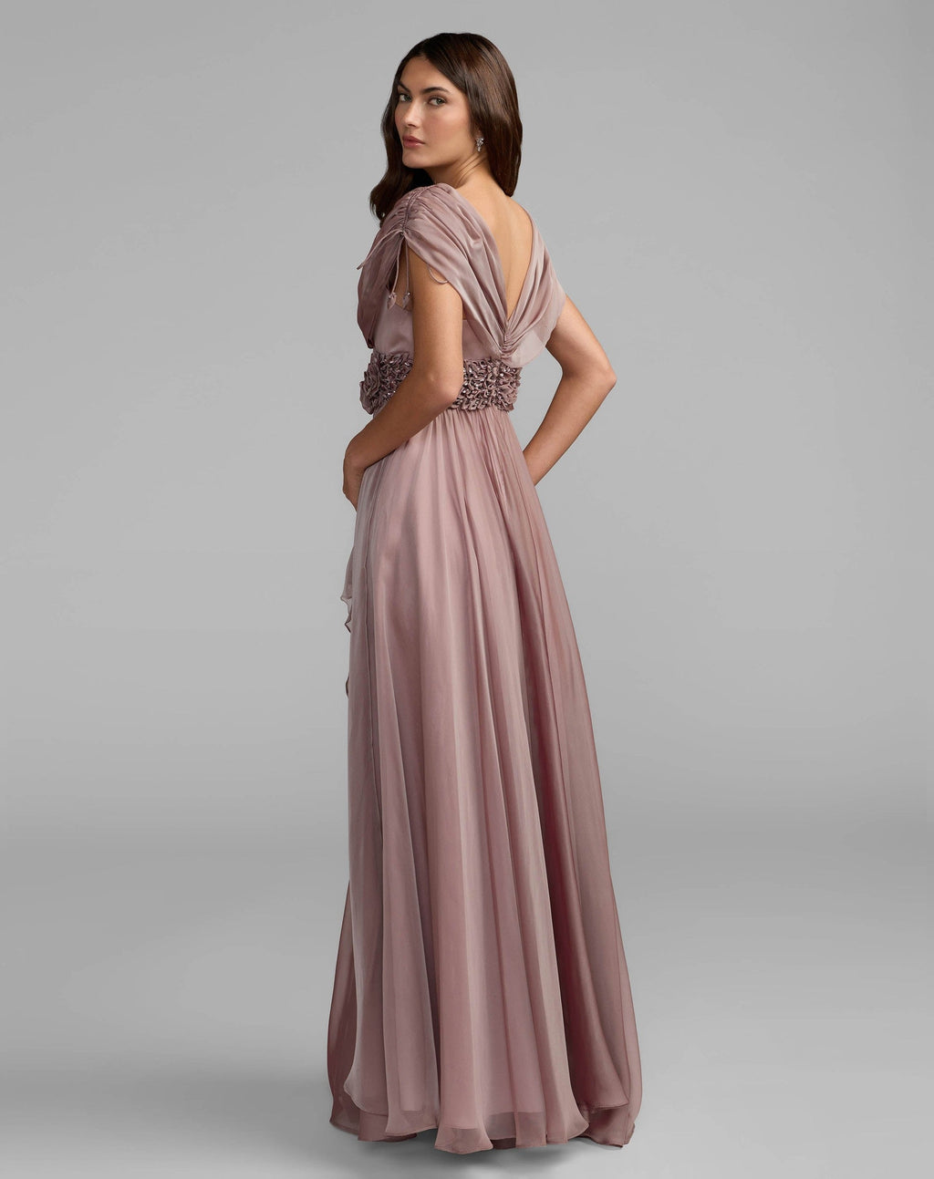 Mocha Crystal Floral Waist Chiffon Gown