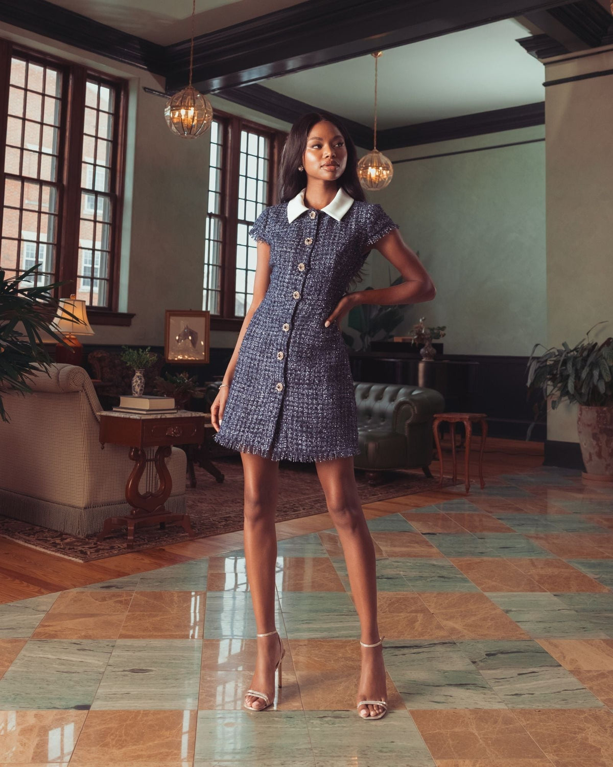 Navy Embellished Boucle Collared Mini Dress