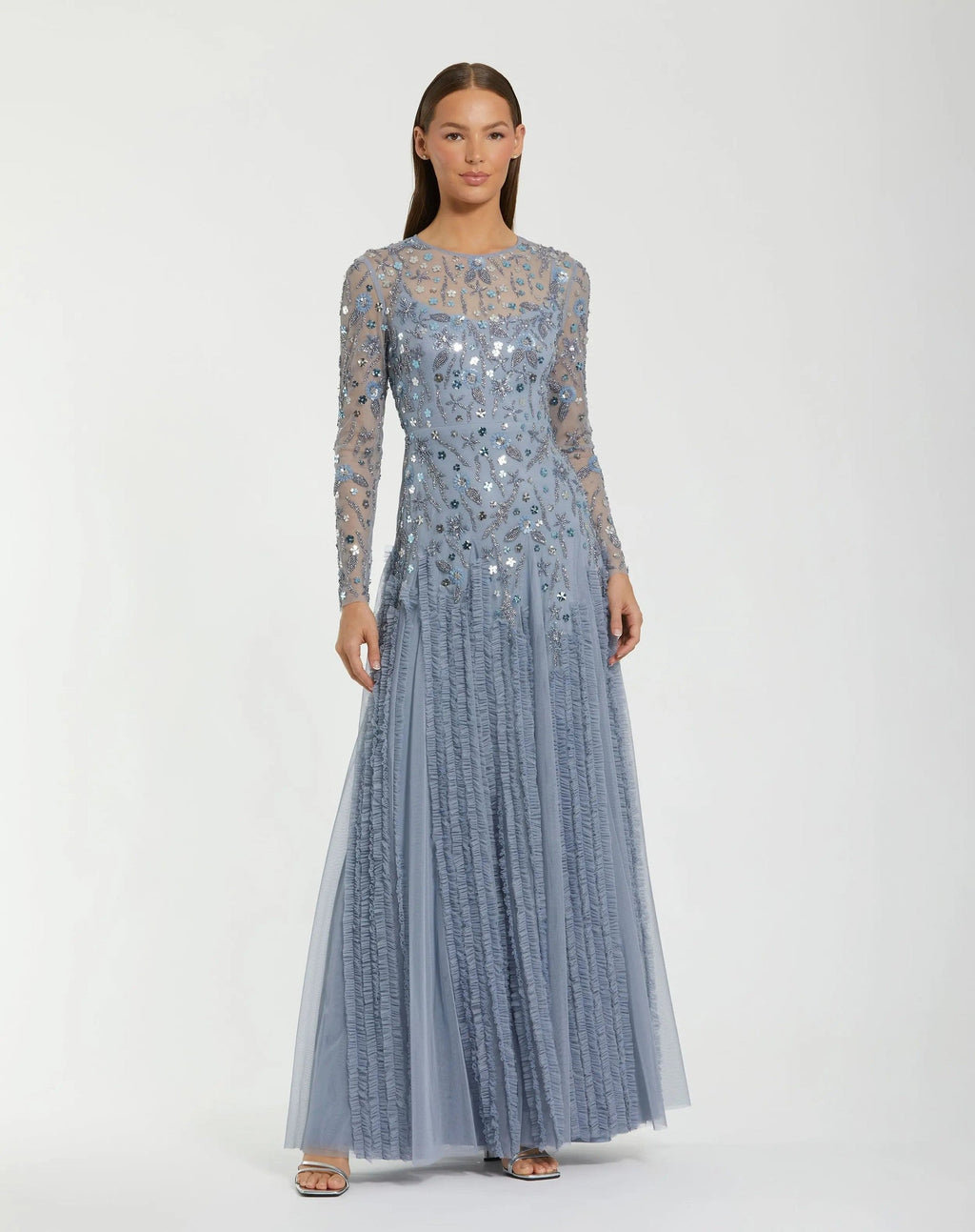 Slate Blue Embellished Long Sleeve Drop Waist Gown