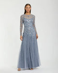 Slate Blue Embellished Long Sleeve Drop Waist Gown
