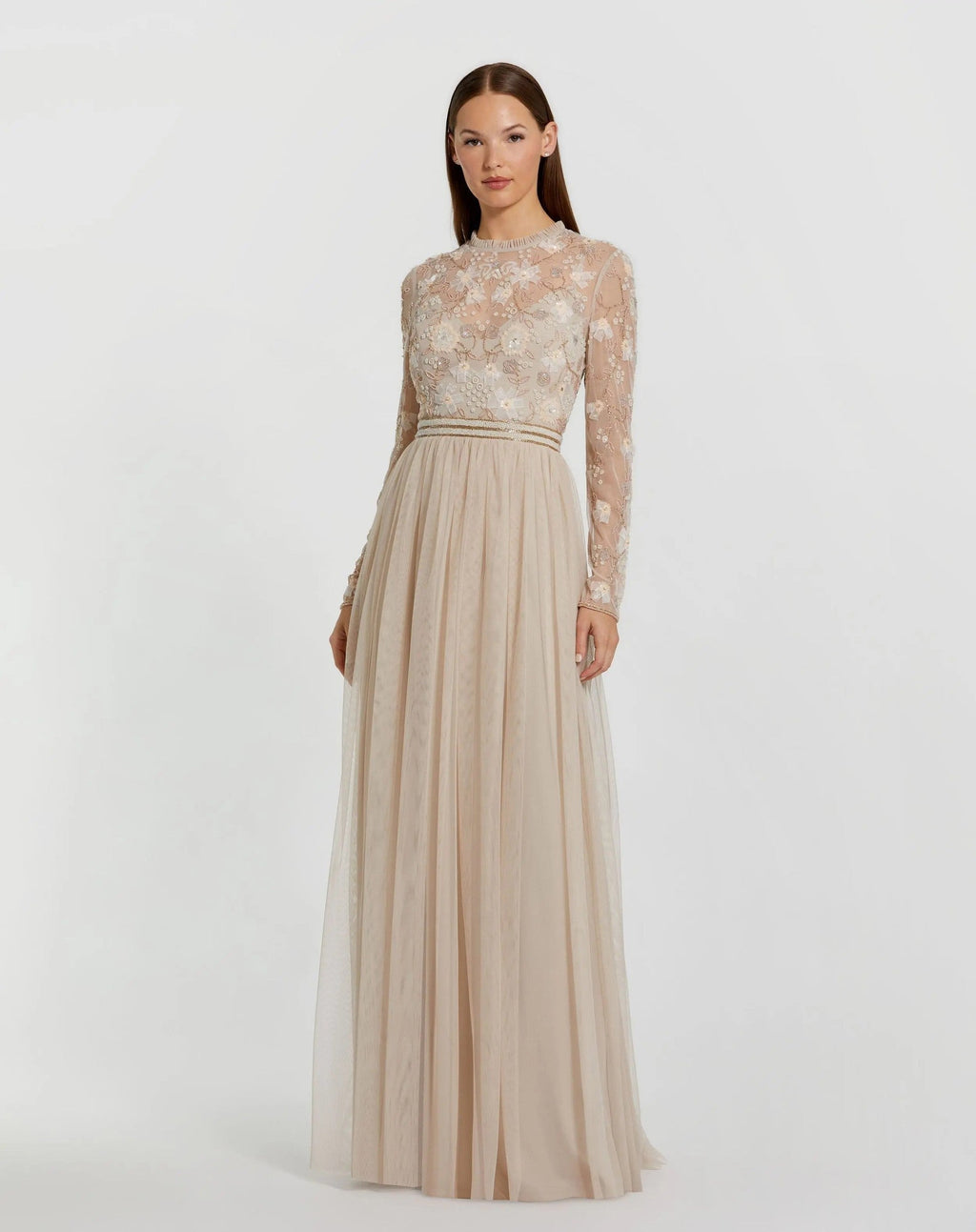 Vanilla Embellished Illusion High Neck Long Sleeve Gown