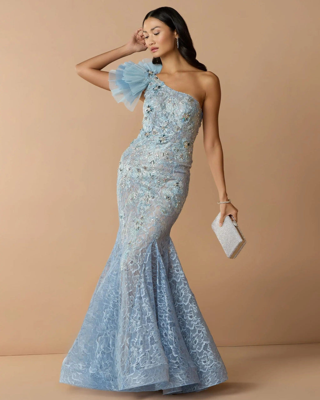 Powder Blue Sleeveless One Shoulder Embroidered Mermaid Gown