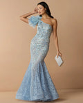Powder Blue Sleeveless One Shoulder Embroidered Mermaid Gown