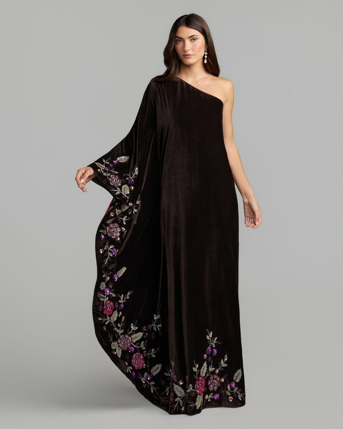 Aubergine Multi Embellished Velvet Kaftan Gown
