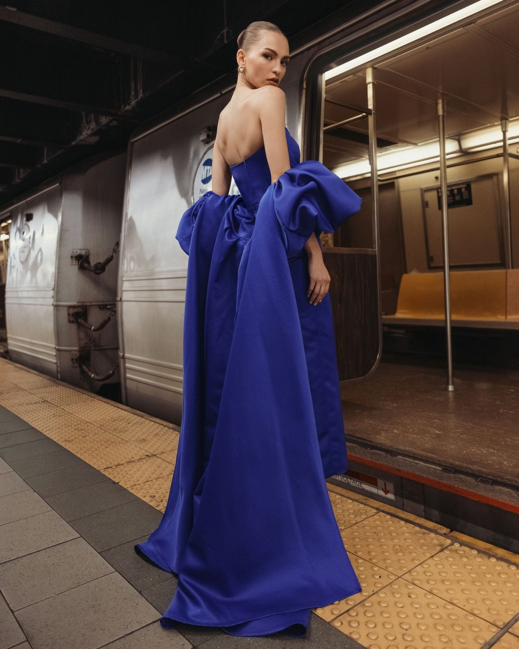 Cobalt Off The Shoulder Puff Sleeve Satin Gown With Cape