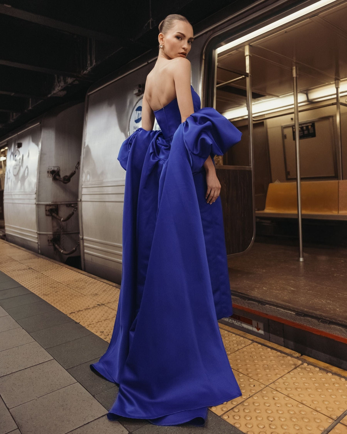 Cobalt Off The Shoulder Puff Sleeve Satin Gown With Cape