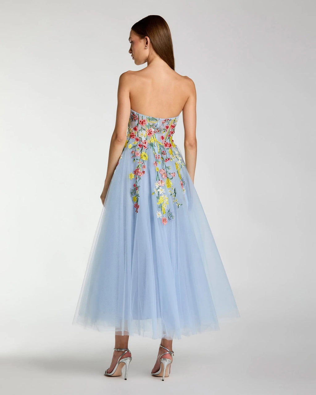 Blue Strapless Floral Embroidered A-Line Midi Dress