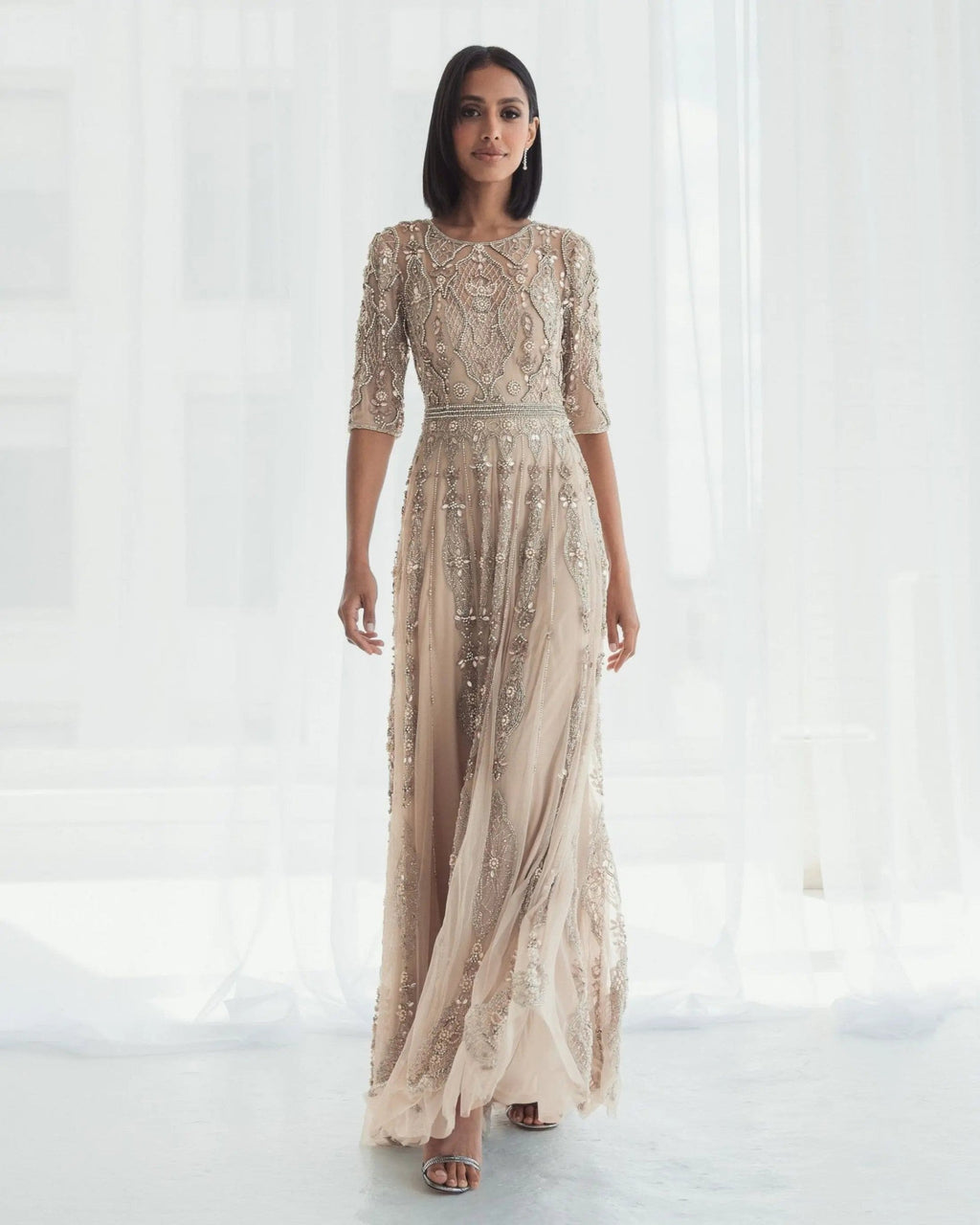 Vintage Lilac 3/4 Sleeve Embellished A-line Gown