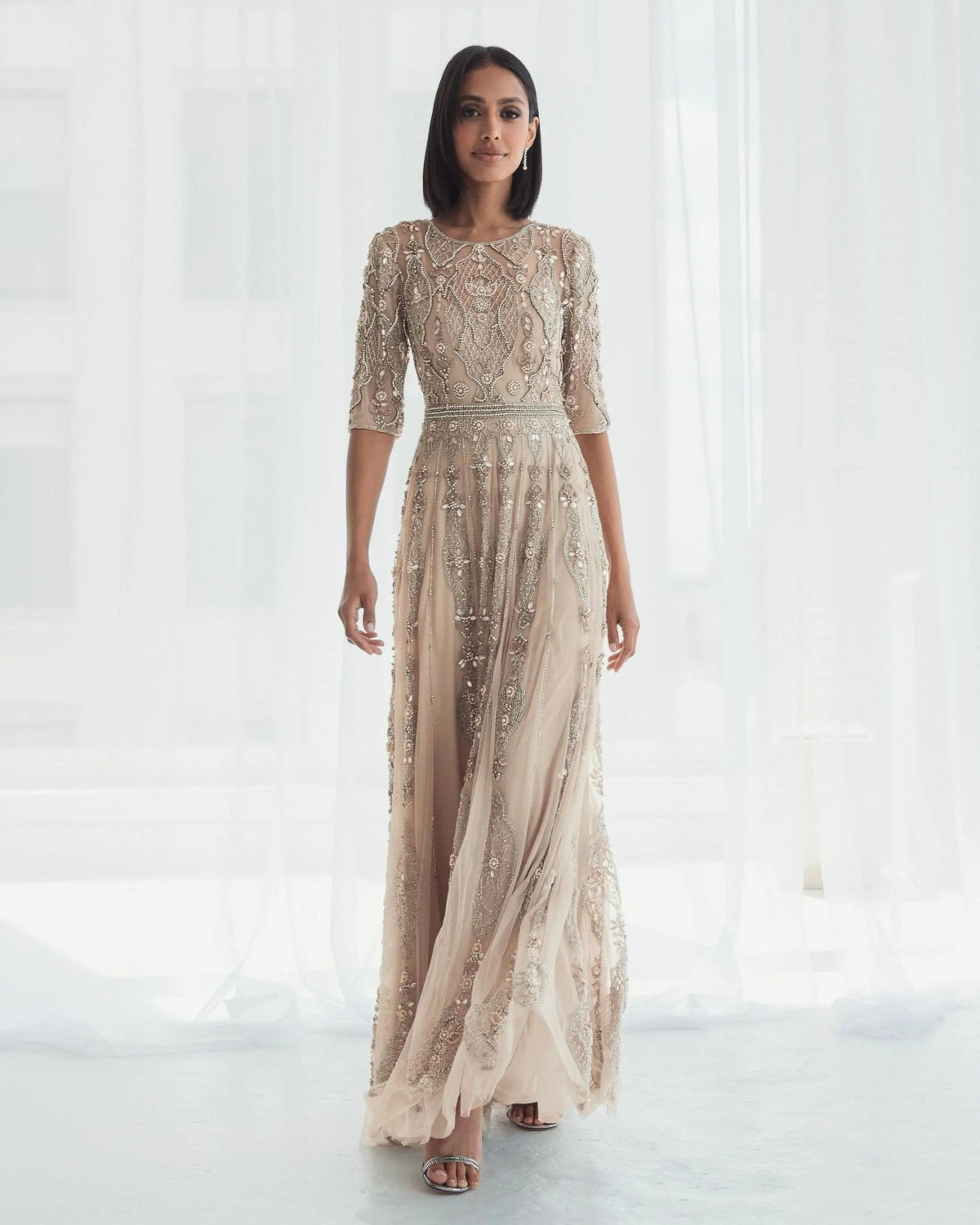 Vintage Lilac 3/4 Sleeve Embellished A-line Gown