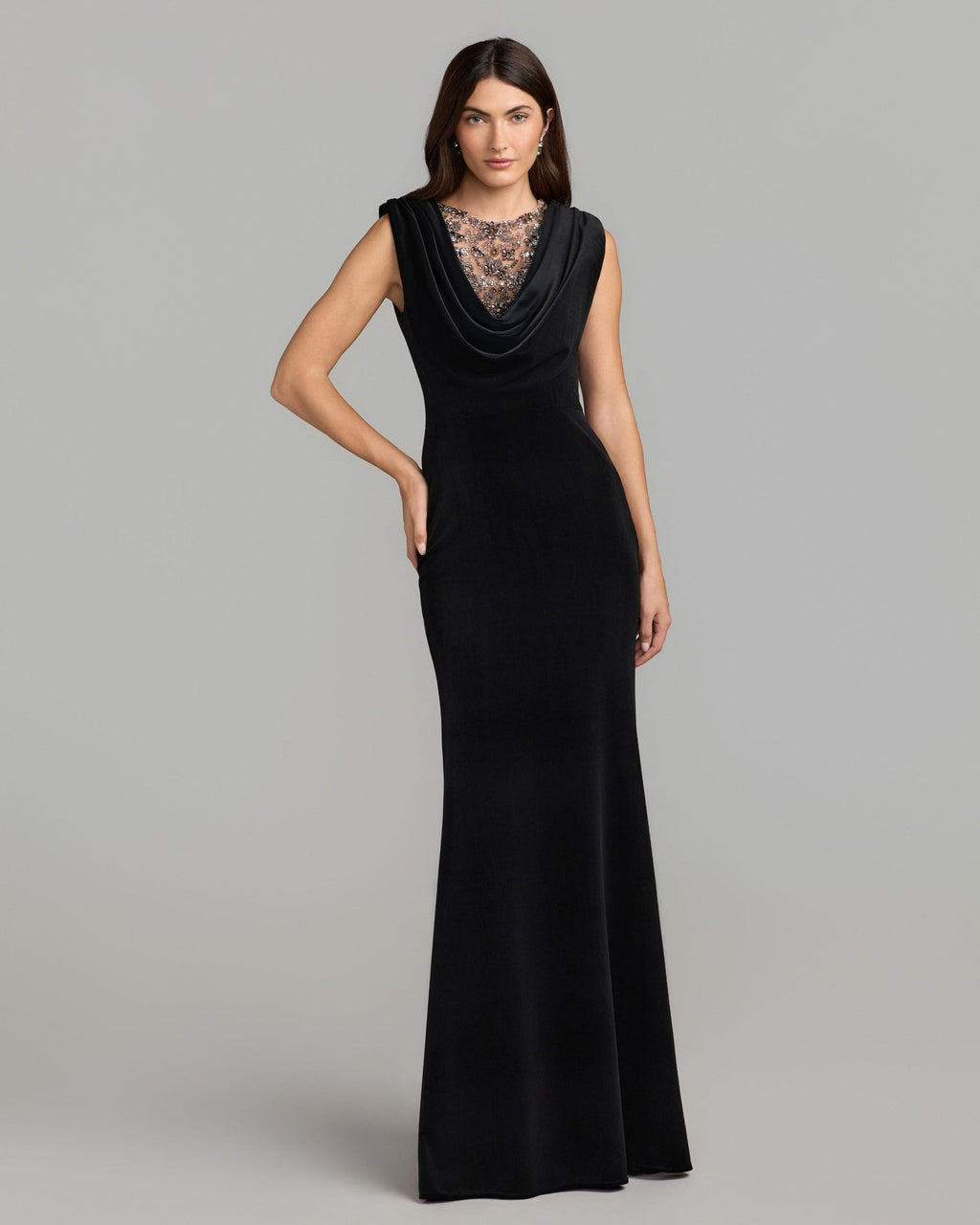 Black Velvet Cowl Gown With Sheer Beaded Neckline