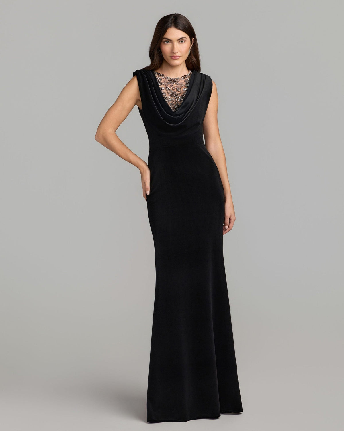 Black Velvet Cowl Gown With Sheer Beaded Neckline