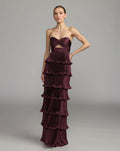 Aubergine Strapless Pleated Charmeuse Tiered Ruffle Gown
