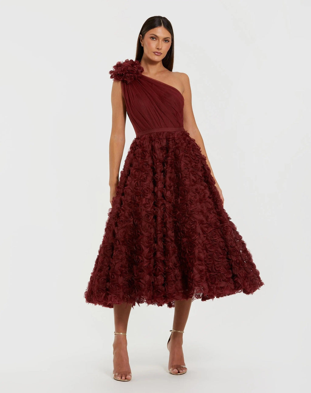 Wine One Shoulder 3D Floral Rosette Midi Dress