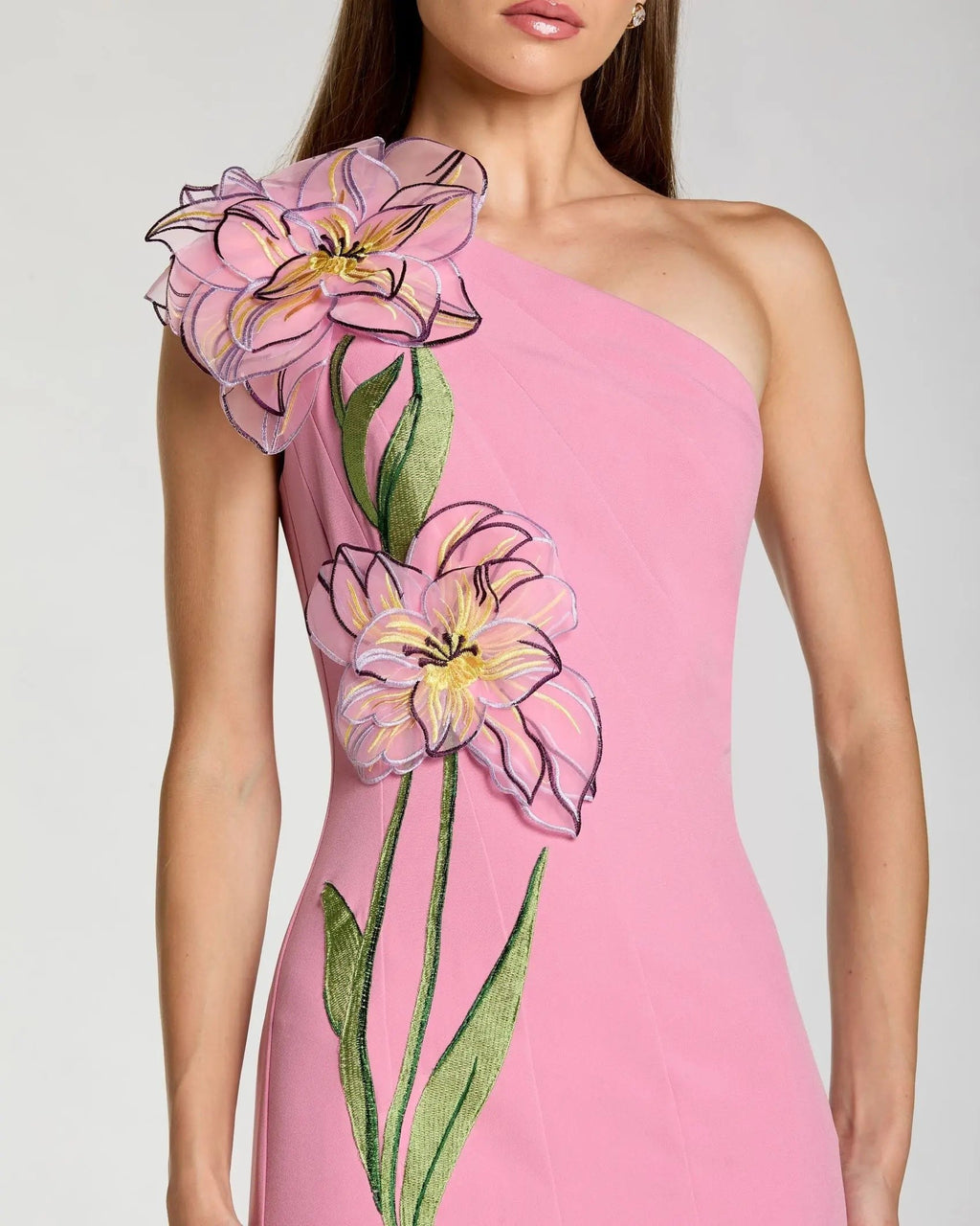 Orchid One Shoulder Floral Appliqué Gown