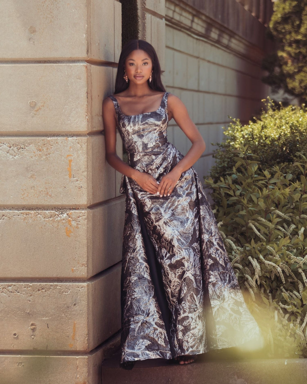 Bronze Metallic Floral Brocade Gown with Overskirt