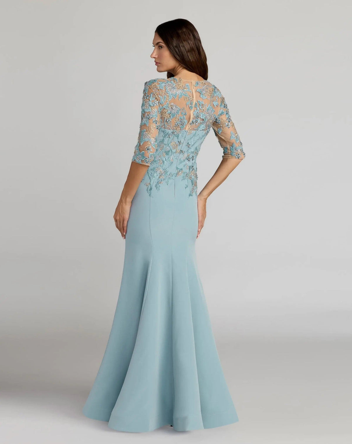 Blue Embroidered Crepe Mermaid Gown With 3/4 Sleeves