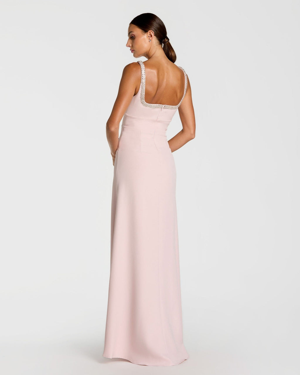 Petite Dusty Rose Crepe A-Line Gown With Rhinestone Trim