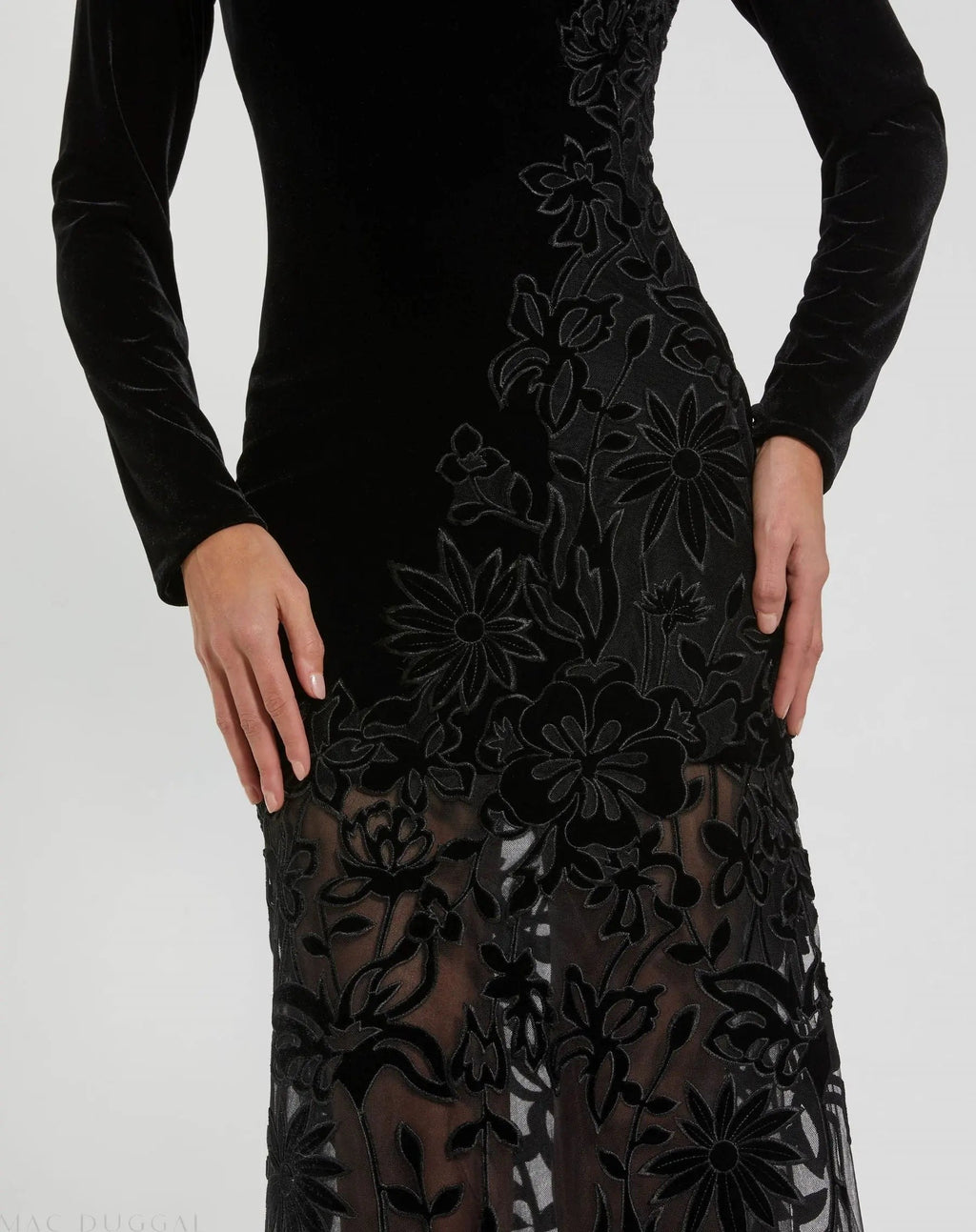 Black Long Sleeve Sheer Floral Embroidered Velvet Dress