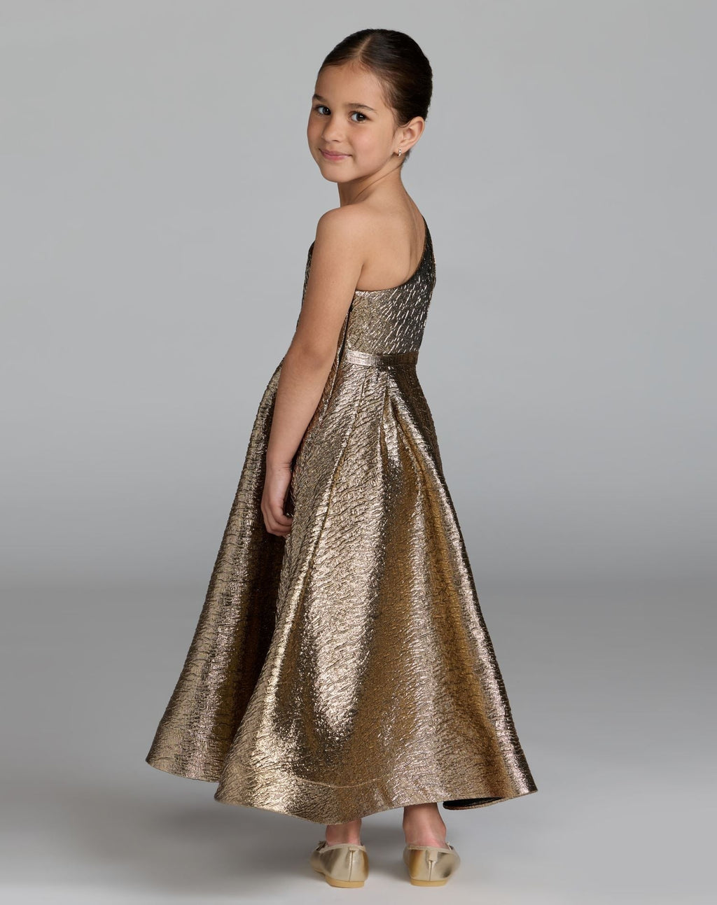 Girls Gold One Shoulder Metallic Maxi Dress